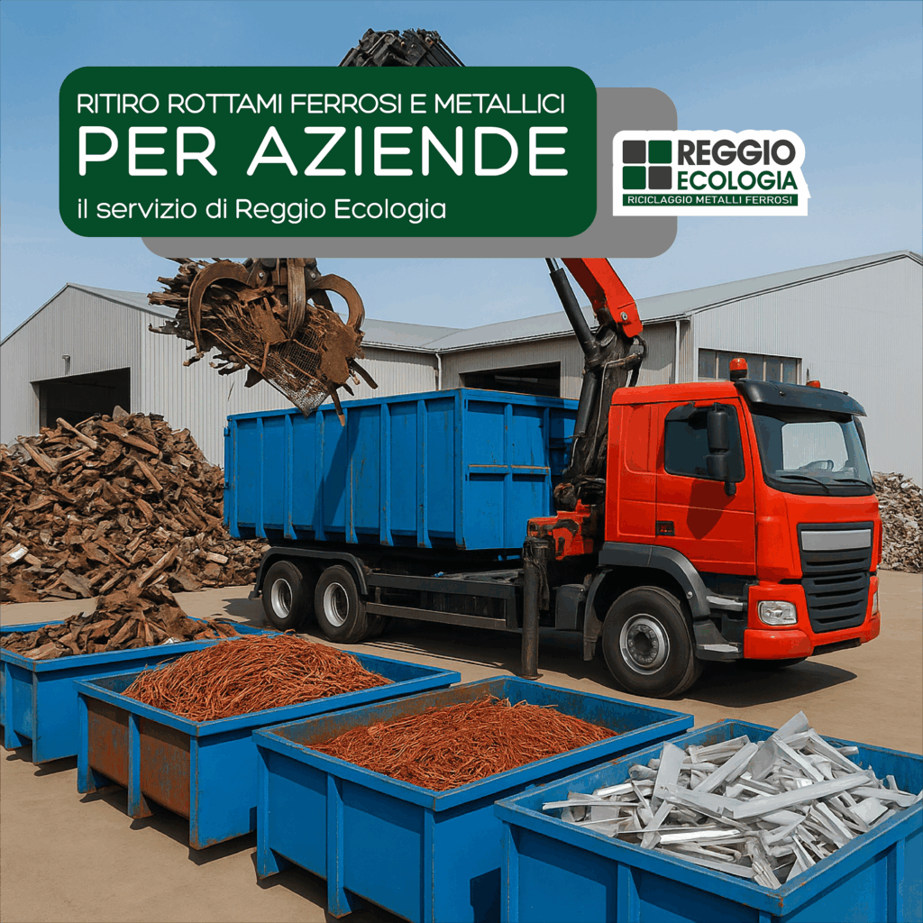 Camion con gru idraulica che carica rottami metallici in container blu presso un impianto industriale di Reggio Ecologia.